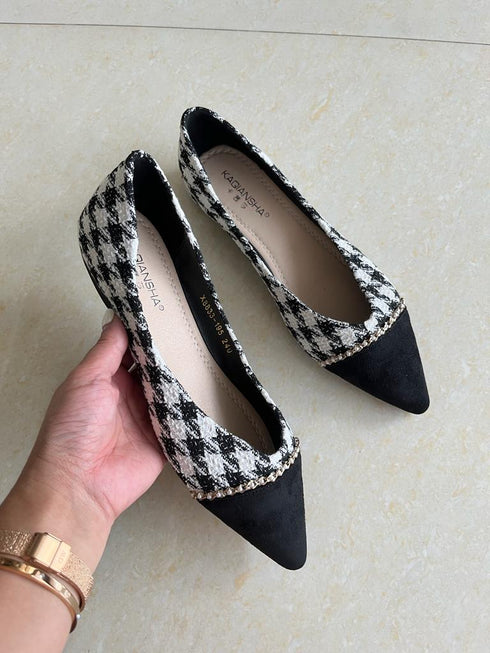 Pointy Toe Houndstooth Plaid Print Casual Pump Ladies Shoes